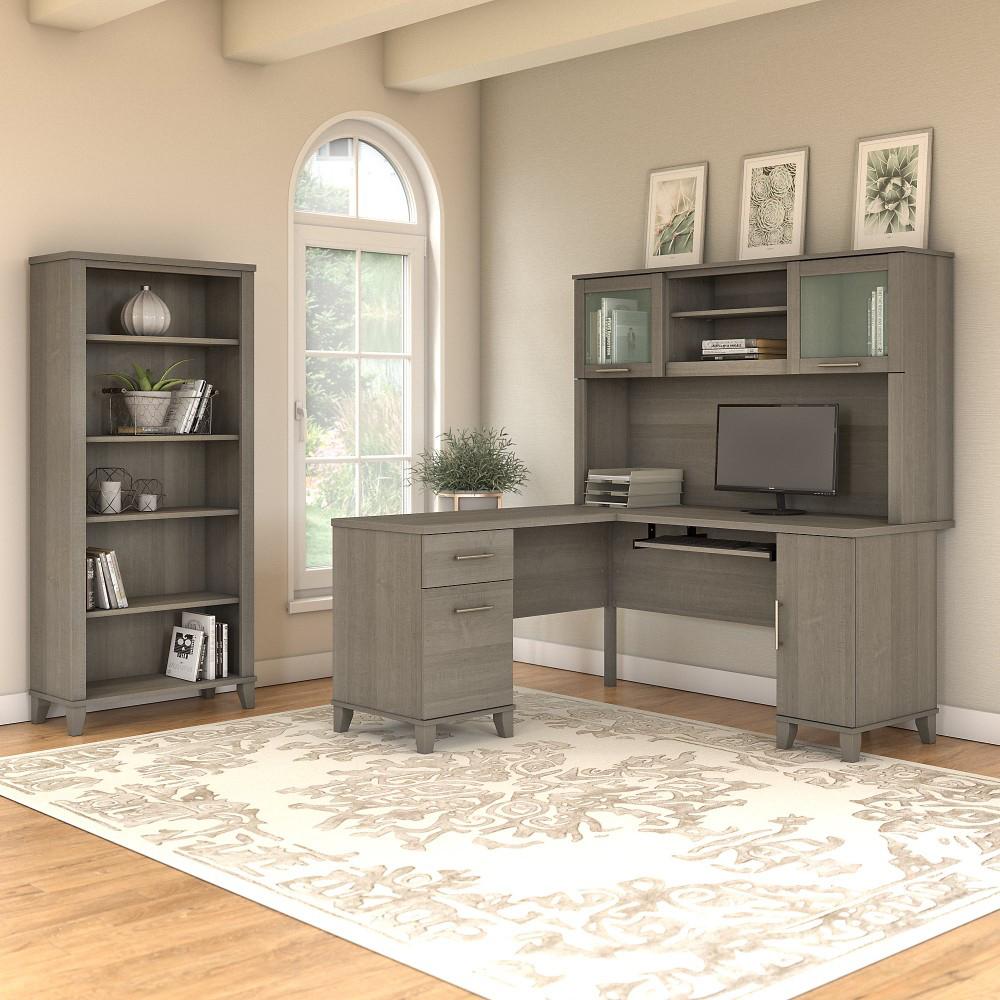 Bush Furniture - Somerset 60W L Shaped Desk with Hutch and 5 Shelf Bookcase in Ash Gray - SET010AG veiw 2