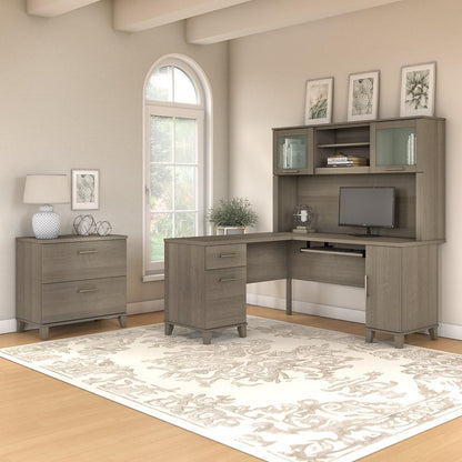 Bush Furniture - Somerset 60W L Shaped Desk with Hutch and Lateral File Cabinet in Ash Gray - SET008AG veiw 2