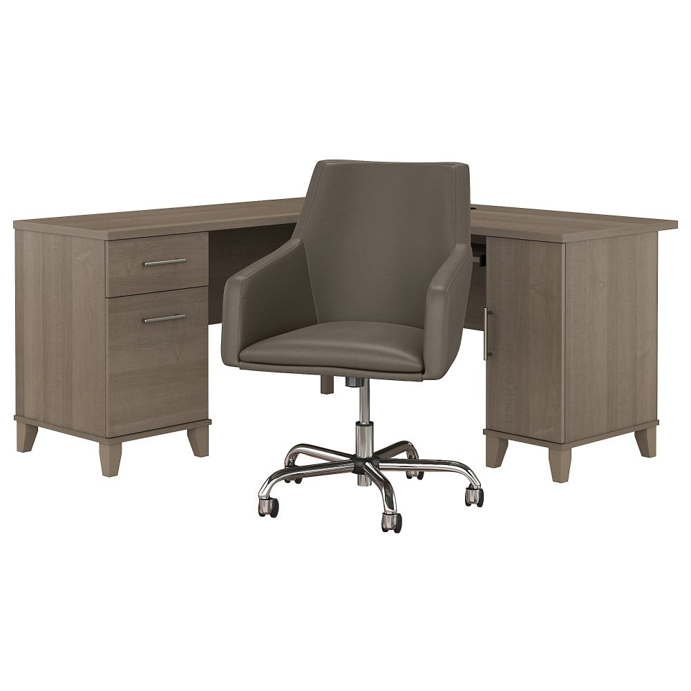 Bush Furniture - Somerset 60W L Shaped Desk with Mid Back Leather Box Chair in Ash Gray - SET022AG veiw 1
