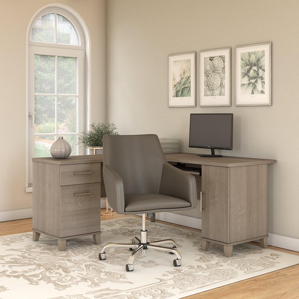 Bush Furniture - Somerset 60W L Shaped Desk with Mid Back Leather Box Chair in Ash Gray - SET022AG veiw 2