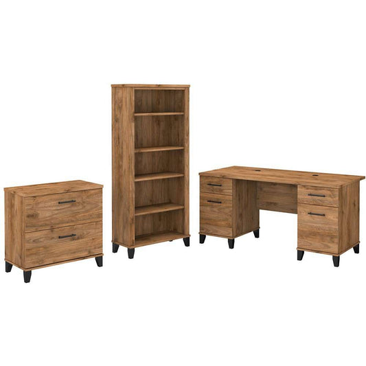 Bush Furniture - Somerset 60W Office Desk with Lateral File Cabinet and 5 Shelf Bookcase in Fresh Walnut - SET013FW veiw 1