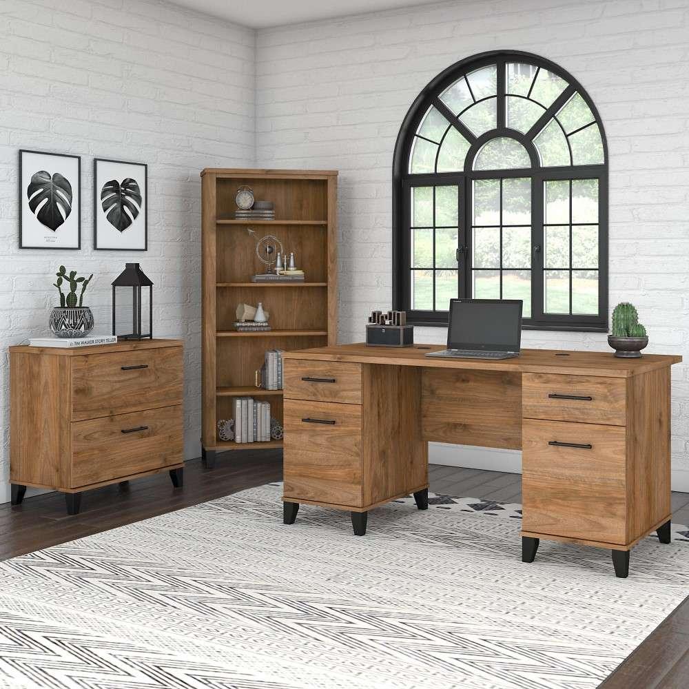 Bush Furniture - Somerset 60W Office Desk with Lateral File Cabinet and 5 Shelf Bookcase in Fresh Walnut - SET013FW veiw 2