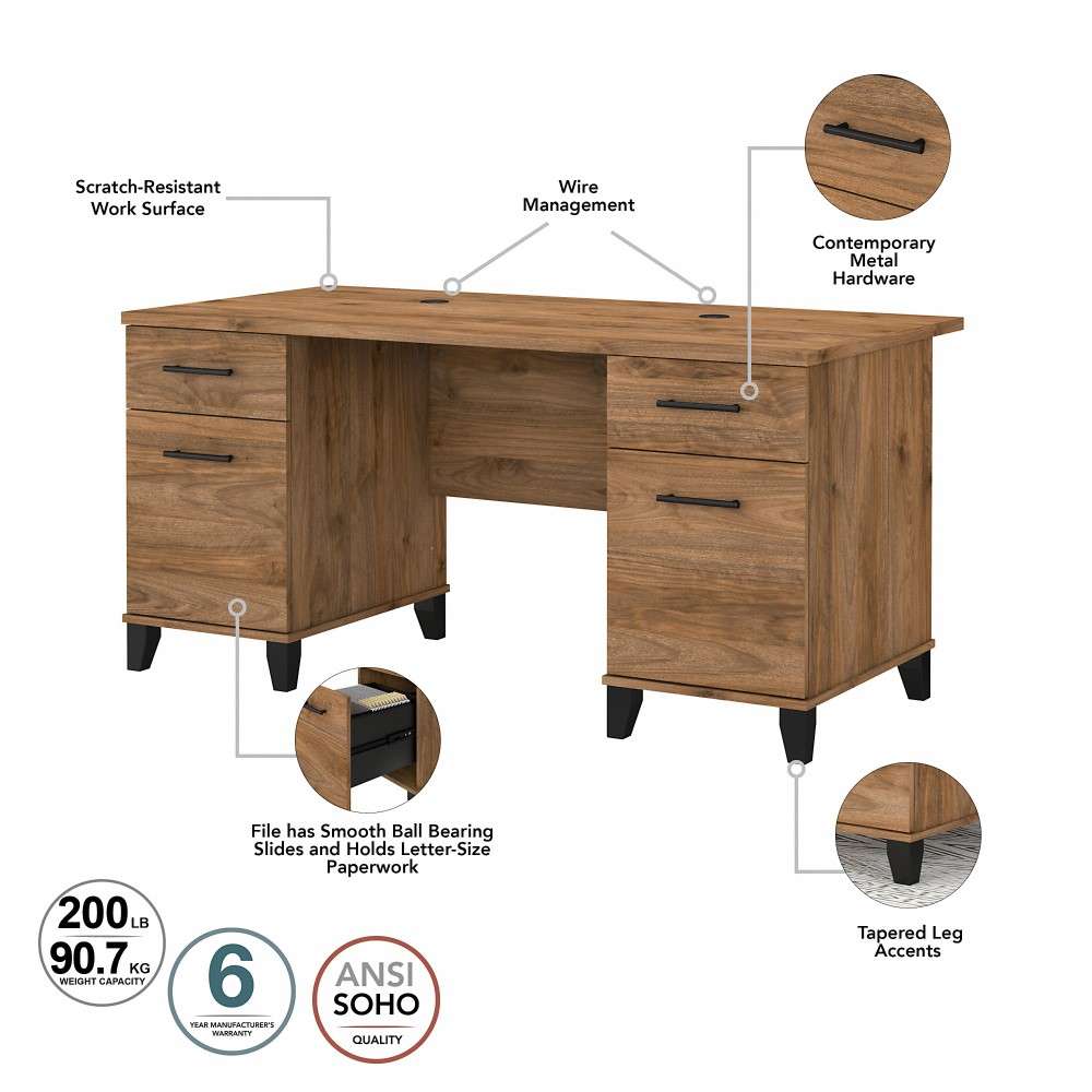 Bush Furniture - Somerset 60W Office Desk with Drawers in Fresh Walnut - WC81328K veiw 6