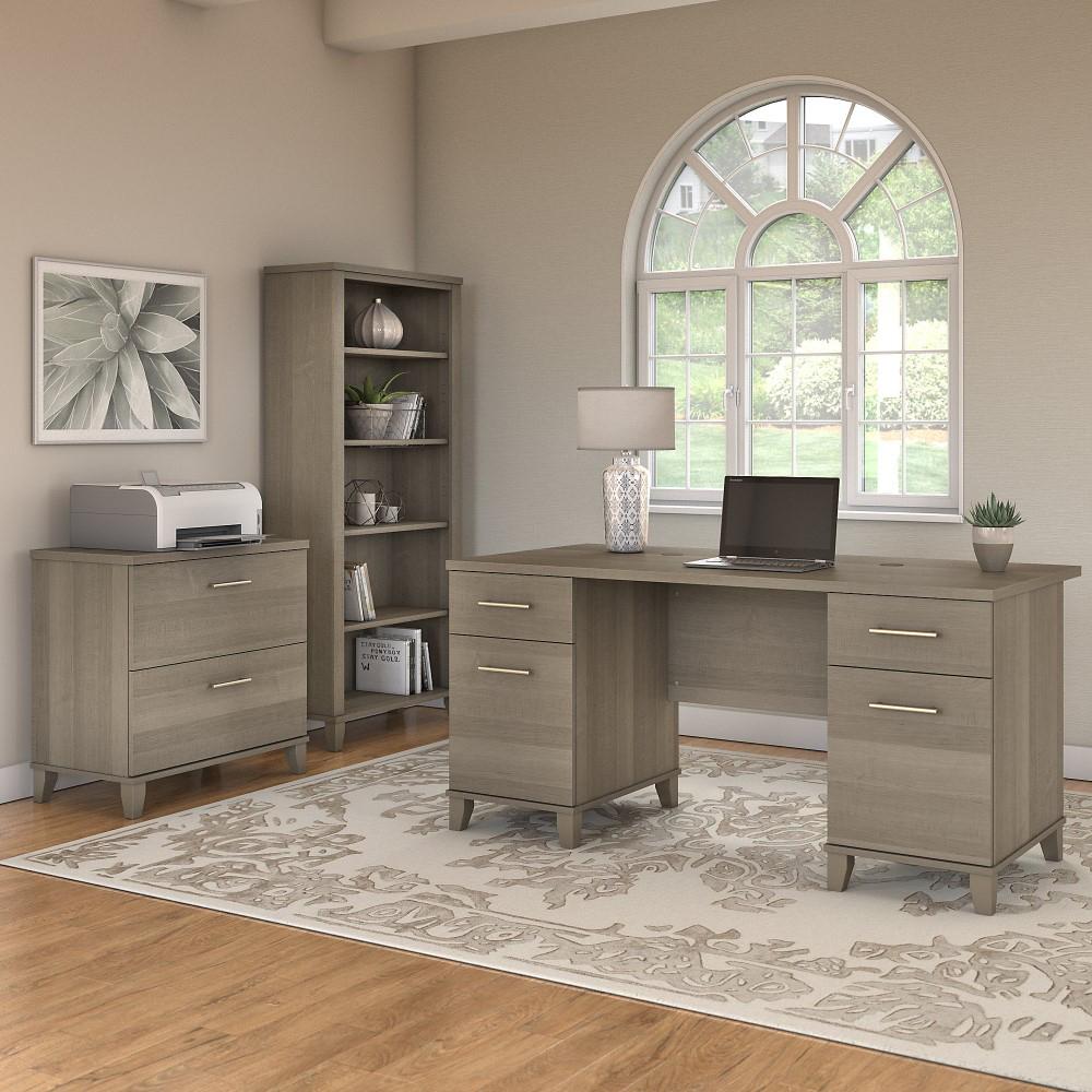 Bush Furniture - Somerset 60W Office Desk with Lateral File Cabinet and 5 Shelf Bookcase in Ash Gray - SET013AG veiw 2