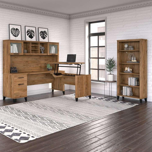 Bush Furniture - Somerset 72W 3 Position Sit to Stand L Shaped Desk with Hutch and Bookcase in Fresh Walnut - SET017FW veiw 2