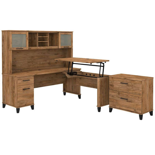Bush Furniture - Somerset 72W 3 Position Sit to Stand L Shaped Desk with Hutch and File Cabinet in Fresh Walnut - SET016FW veiw 1