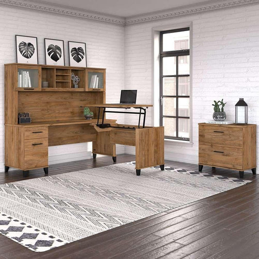 Bush Furniture - Somerset 72W 3 Position Sit to Stand L Shaped Desk with Hutch and File Cabinet in Fresh Walnut - SET016FW veiw 2
