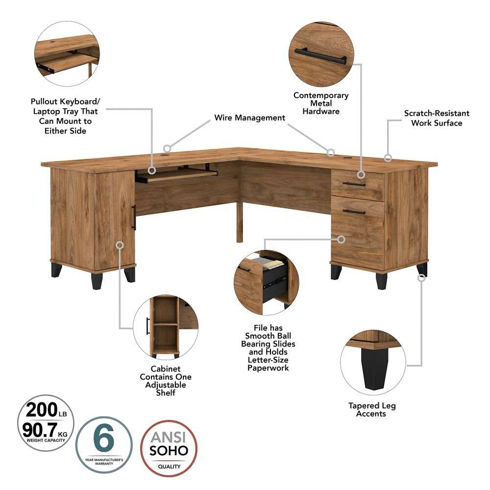 Bush Furniture - Somerset 72W L Shaped Desk with Storage in Fresh Walnut - WC81310K veiw 6
