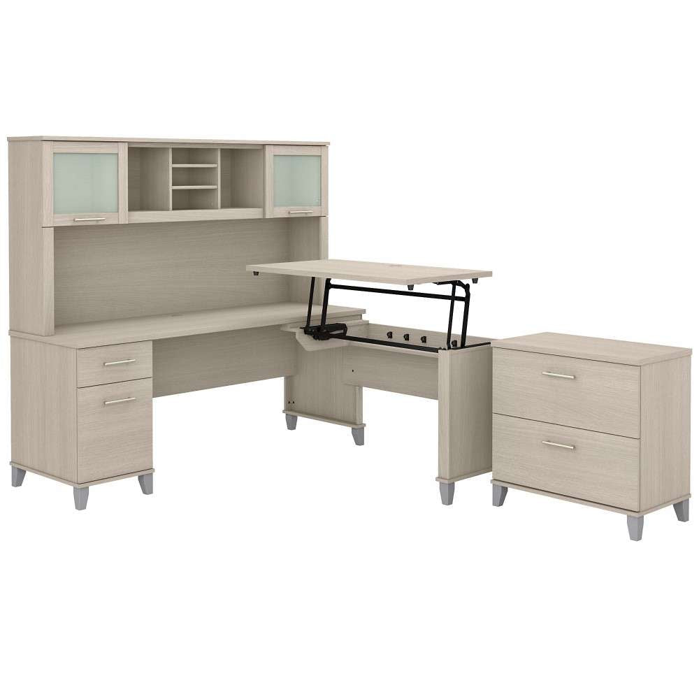 Bush Furniture - Somerset 72W Sit to Stand L Desk with Hutch and Lateral File in Sand Oak - SET016SO veiw 1