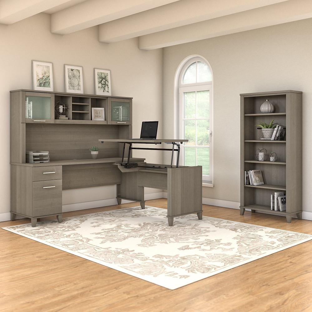 Bush Furniture - Somerset 72W Sit to Stand L Shaped Desk with Hutch and Bookcase in Ash Gray - SET017AG veiw 2
