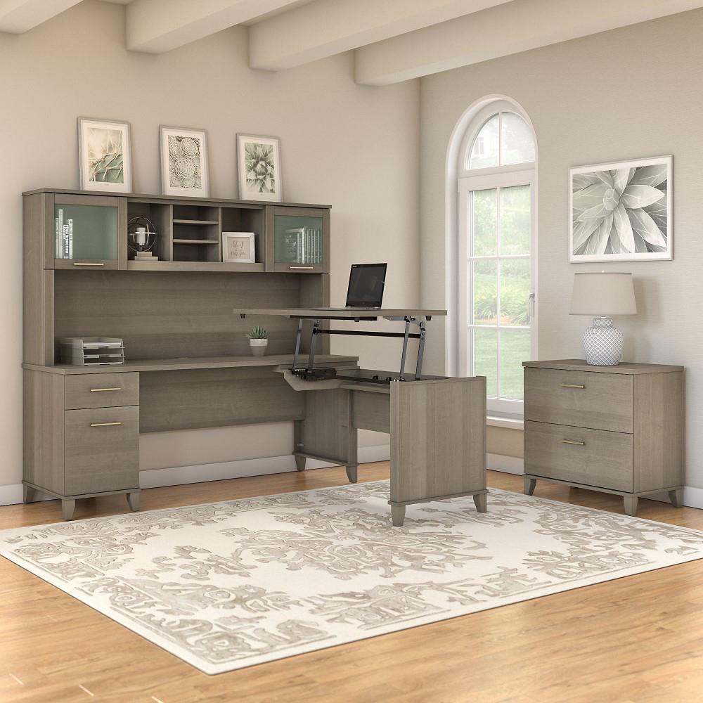 Bush Furniture - Somerset 72W Sit to Stand L Shaped Desk with Hutch and File Cabinet in Ash Gray - SET016AG veiw 2