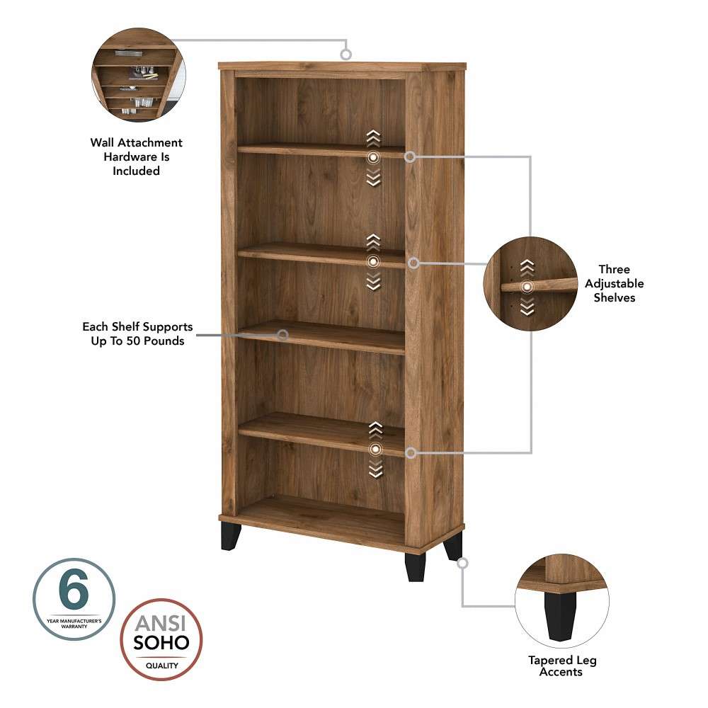 Bush Furniture - Somerset Tall 5 Shelf Bookcase in Fresh Walnut - WC81365 veiw 5