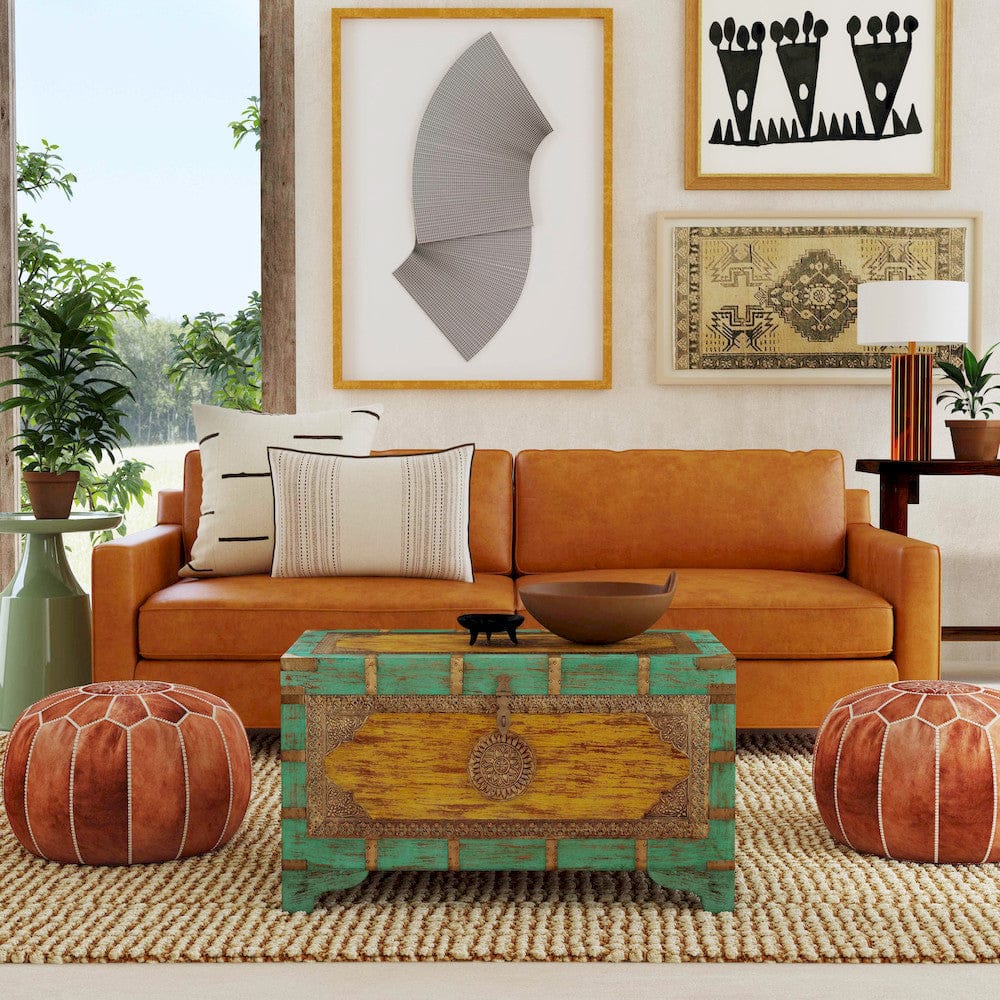 Butler Specialty Company - Artifacts - Nador 32 in. W Rectangular Hand-Painted Wood & Brass Inlay Storage Trunk Coffee Table, Blue, Yellow - 3365114 view 6