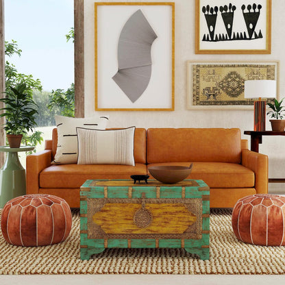 Butler Specialty Company - Artifacts - Nador 32 in. W Rectangular Hand-Painted Wood & Brass Inlay Storage Trunk Coffee Table, Blue, Yellow - 3365114 view 6
