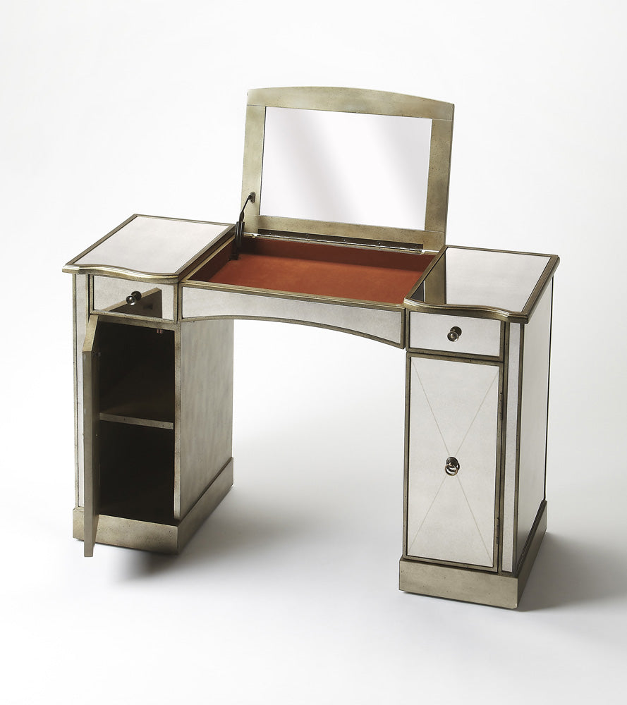Butler Specialty Company - Celeste 43 in. W Rectangular Antique Mirror & Wood 2 Drawer Vanity Table, Silver - 2909146