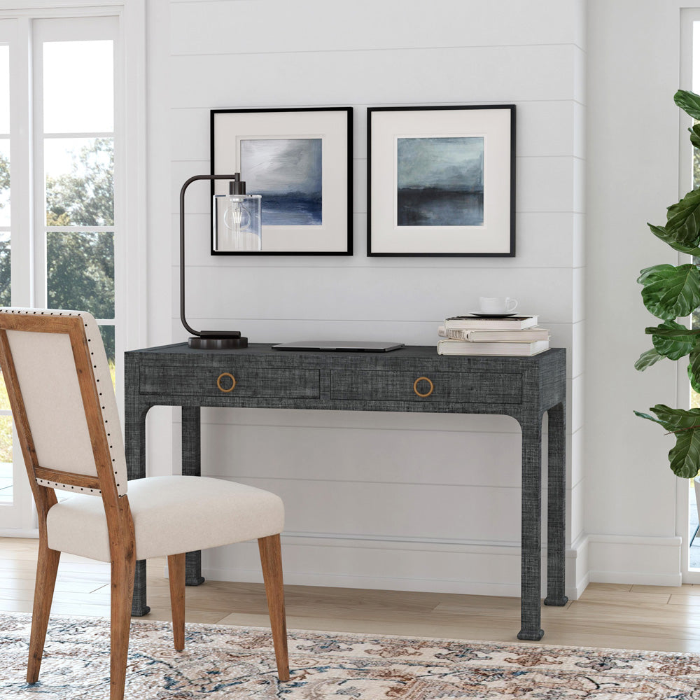 Butler Specialty Company - Chatham 47 in. W Rectangular Raffia & Wood 2 Drawer Writing Desk, Charcoal - 9746420