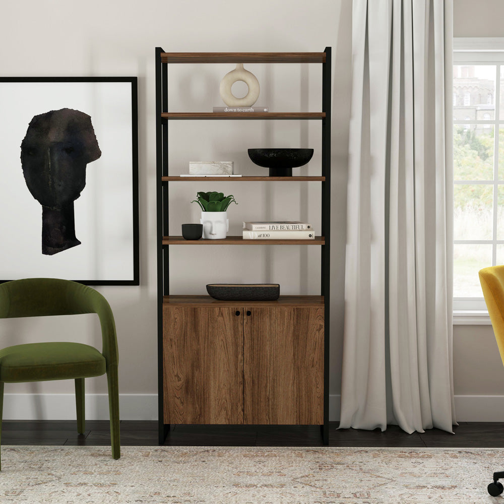 Butler Specialty Company - Drake 73 in. H x 32 in. W Wood & Metal Two Door Bookcase Etagere, Medium Brown - 5575421