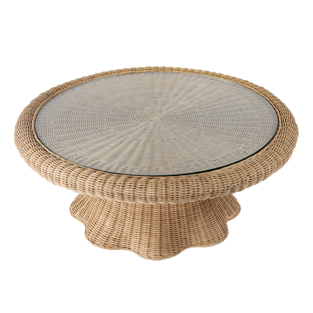 Butler Specialty Company - Flora 40 in. Round Glass Top & Rattan Scalloped Coffee Table, Light Brown - 9760404