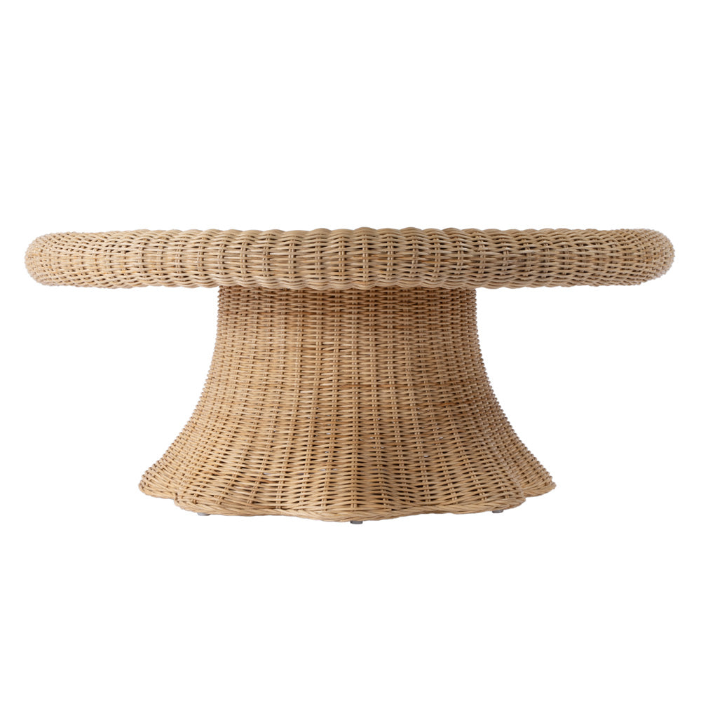 Butler Specialty Company - Flora 40 in. Round Glass Top & Rattan Scalloped Coffee Table, Light Brown - 9760404