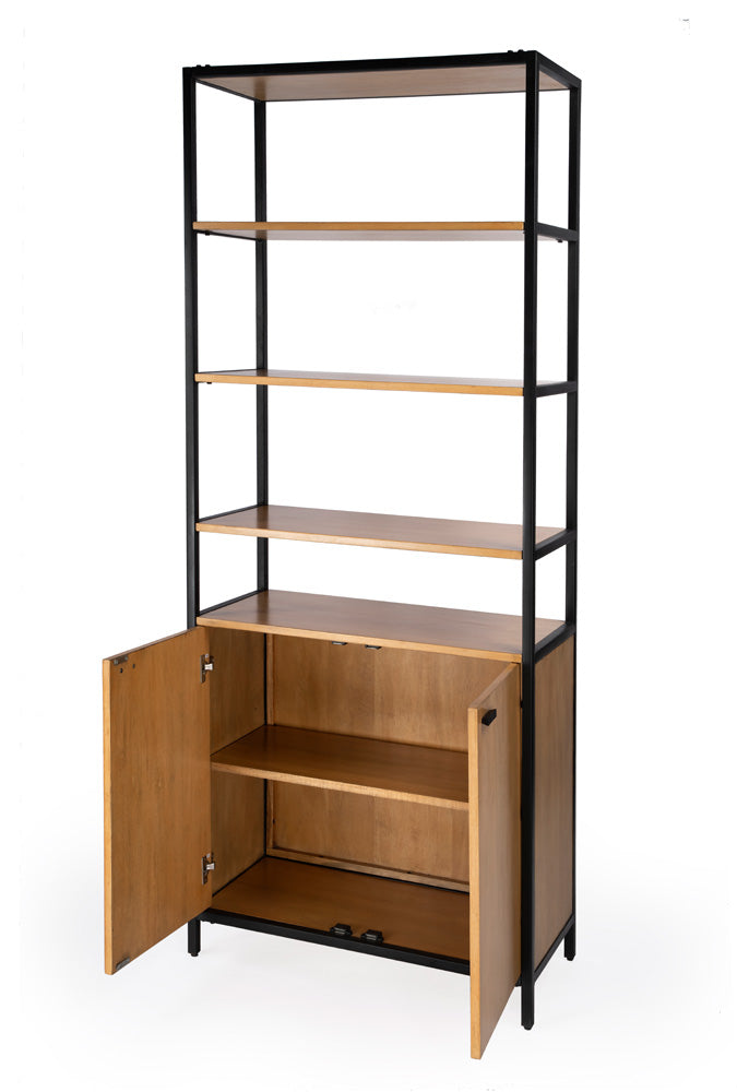 Butler Specialty Company - Hans 84.25 in. H x 35.24 in. W Wood & Metal Open & Closed Shelf Etagere Bookcase, Light Brown - 5555419_CLOSEOUT