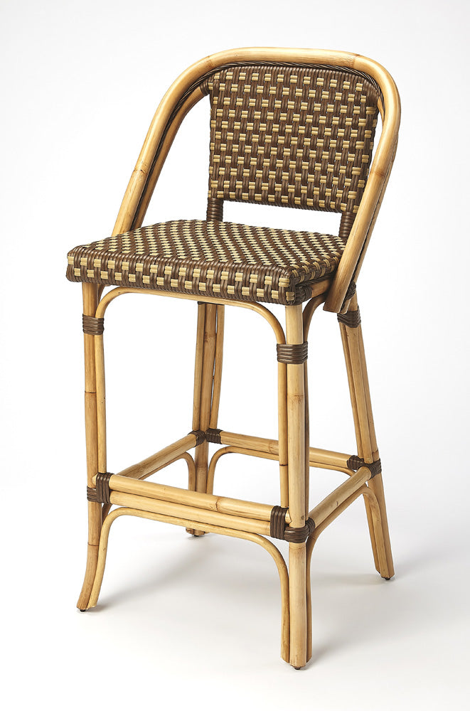 Butler Specialty Company - Lila 28 in. Seat Height Rattan Bar Height Stool with Back & Footrest, Medium Brown - 3715354_CLOSEOUT