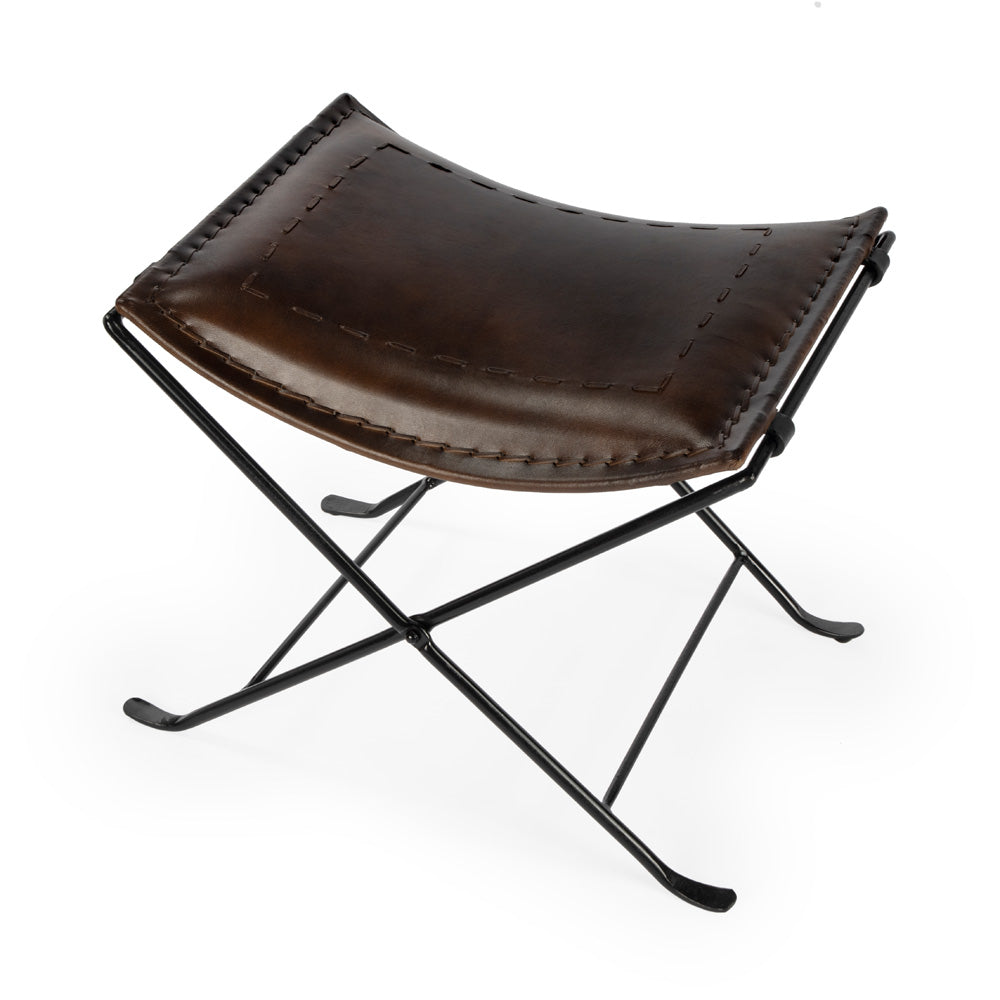 Butler Specialty Company - Melton 20.5 in. Seat Height Leather & Metal Foldable Backless Accent Stool, Dark Brown - 3722117