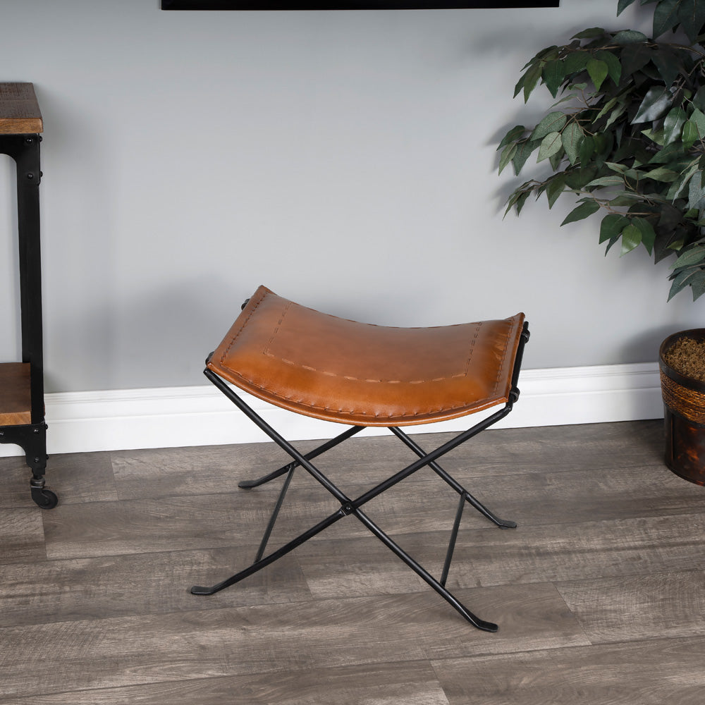 Butler Specialty Company - Melton 20.5 in. Seat Height Leather & Metal Foldable Backless Accent Stool, Medium Brown - 3722344