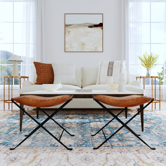 Butler Specialty Company - Melton 20.5 in. Seat Height Leather & Metal Foldable Backless Accent Stool, Medium Brown - 3722344