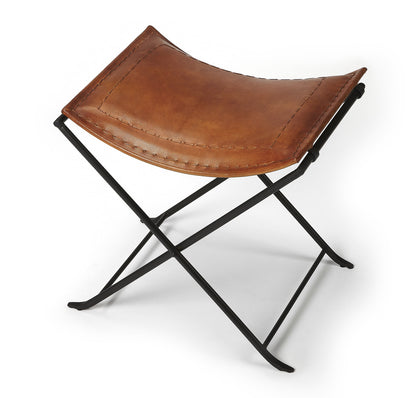 Butler Specialty Company - Melton 20.5 in. Seat Height Leather & Metal Foldable Backless Accent Stool, Medium Brown - 3722344