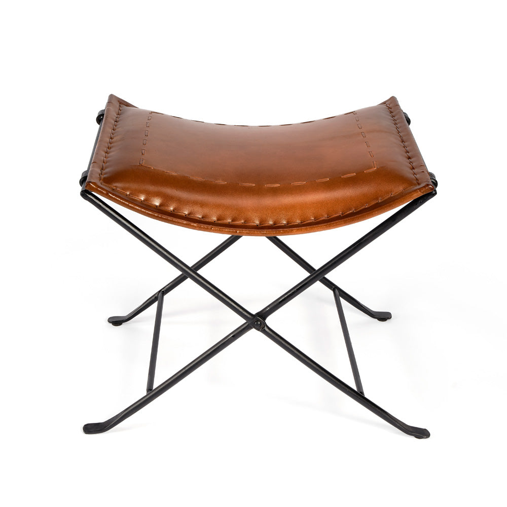 Butler Specialty Company - Melton 20.5 in. Seat Height Leather & Metal Foldable Backless Accent Stool, Medium Brown - 3722344
