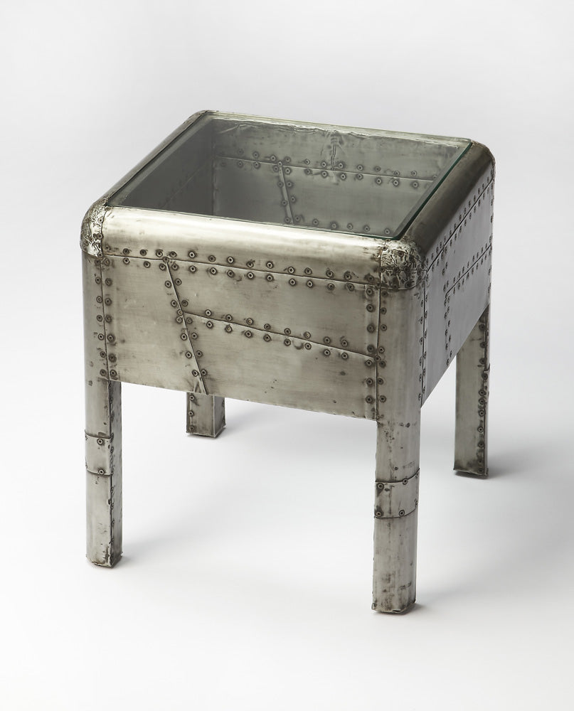 Butler Specialty Company - Midway Aviator - Midway 16 in. W Square Glass Top & Metal Aviator Themed End Table, Gray - 6121330