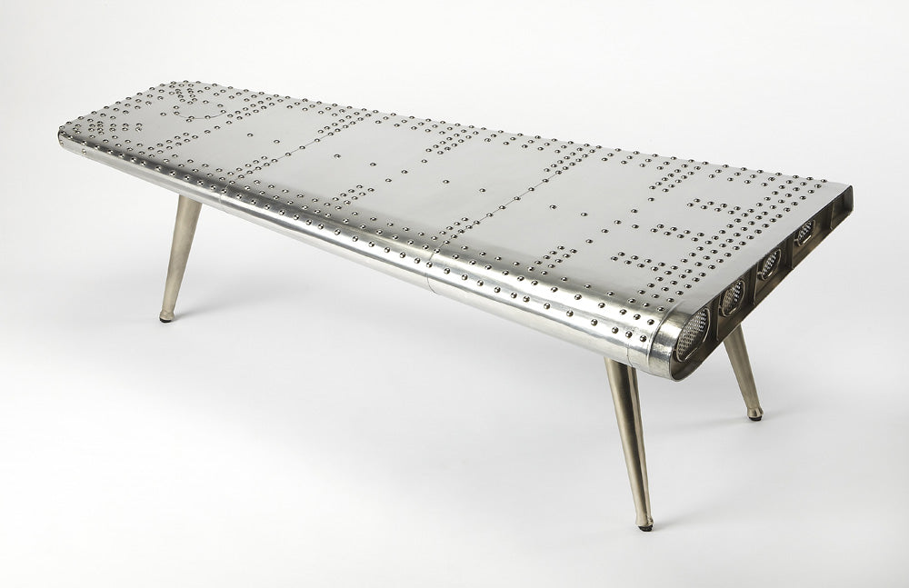 Butler Specialty Company - Midway Aviator - Midway 59.5 in. W Triangular Metal & Wood Aviator Themed Coffee Table, Silver - 2061025