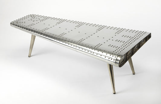 Butler Specialty Company - Midway Aviator - Midway 59.5 in. W Triangular Metal & Wood Aviator Themed Coffee Table, Silver - 2061025