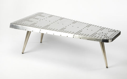 Butler Specialty Company - Midway Aviator - Midway 59.5 in. W Triangular Metal & Wood Aviator Themed Coffee Table, Silver - 2061025