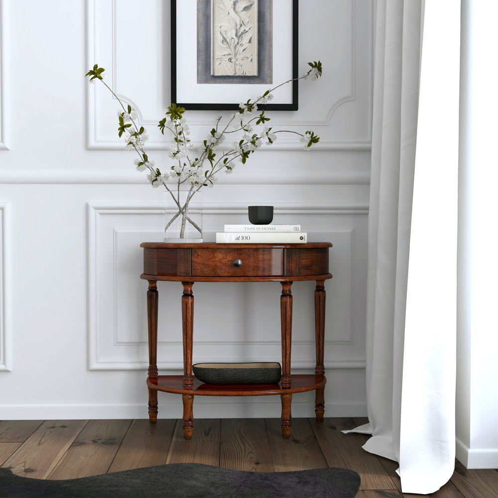 Butler Specialty Company - Mozart 31.5 in. W Demilune Hand Painted Wood 1 Drawer Console Table, Dark Brown - 667024