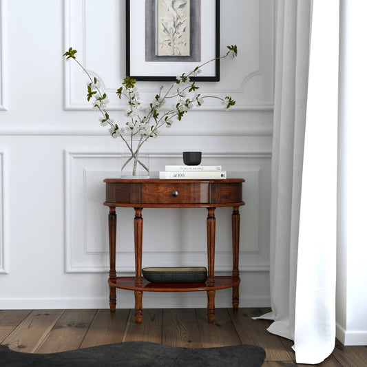 Butler Specialty Company - Mozart 31.5 in. W Demilune Hand Painted Wood 1 Drawer Console Table, Dark Brown - 667024