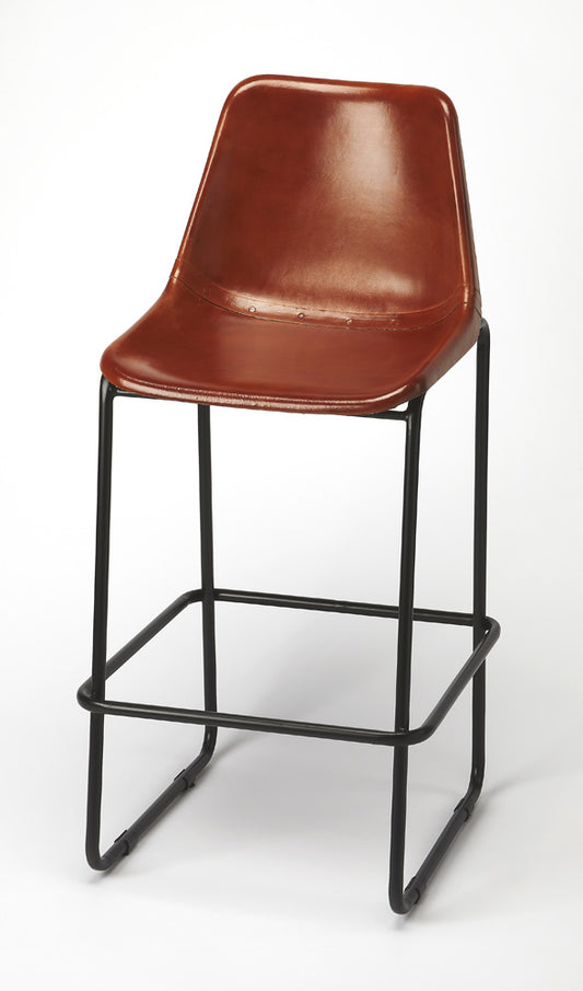 Butler Specialty Company - Myles 28 in. Seat Height Leather & Metal Bar Height Stool with Back & Footrest, Medium Brown - 4348344_CLOSEOUT