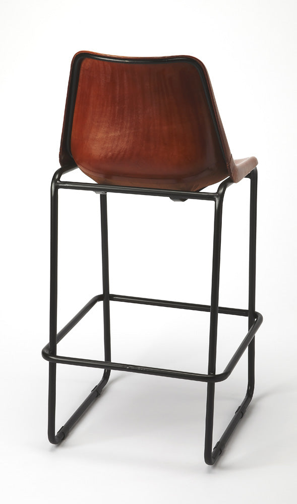 Butler Specialty Company - Myles 28 in. Seat Height Leather & Metal Bar Height Stool with Back & Footrest, Medium Brown - 4348344_CLOSEOUT