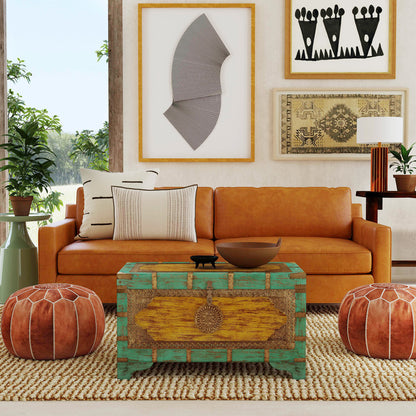 Butler Specialty Company - Artifacts - Nador 32 in. W Rectangular Hand-Painted Wood & Brass Inlay Storage Trunk Coffee Table, Blue, Yellow - 3365114