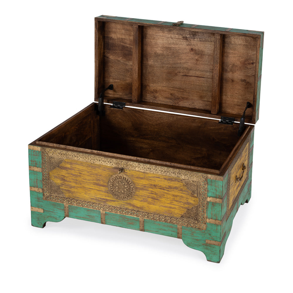 Butler Specialty Company - Artifacts - Nador 32 in. W Rectangular Hand-Painted Wood & Brass Inlay Storage Trunk Coffee Table, Blue, Yellow - 3365114