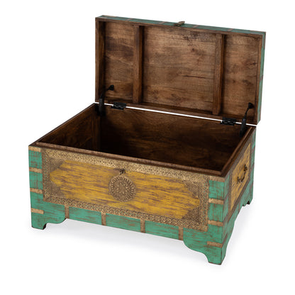 Butler Specialty Company - Artifacts - Nador 32 in. W Rectangular Hand-Painted Wood & Brass Inlay Storage Trunk Coffee Table, Blue, Yellow - 3365114