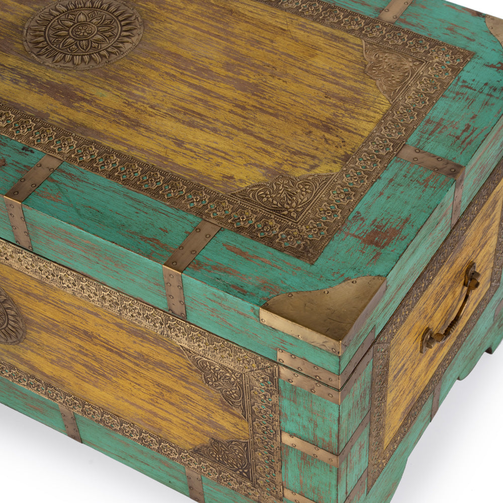 Butler Specialty Company - Artifacts - Nador 32 in. W Rectangular Hand-Painted Wood & Brass Inlay Storage Trunk Coffee Table, Blue, Yellow - 3365114