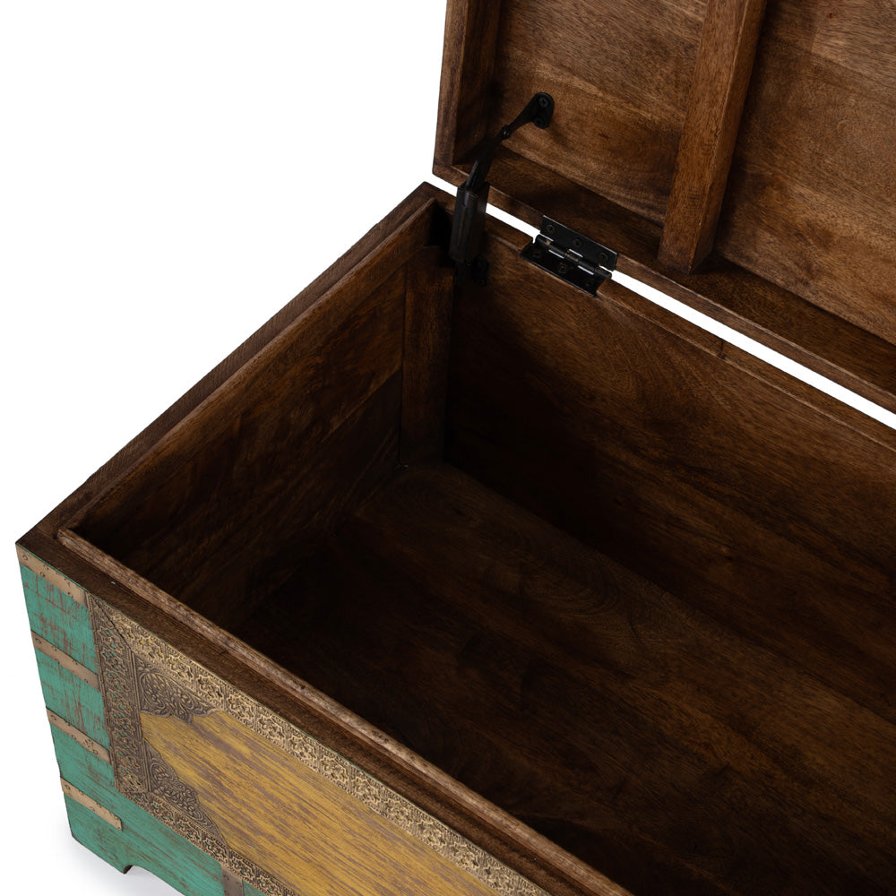Butler Specialty Company - Artifacts - Nador 32 in. W Rectangular Hand-Painted Wood & Brass Inlay Storage Trunk Coffee Table, Blue, Yellow - 3365114