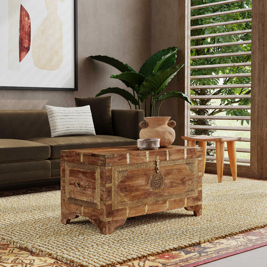 Butler Specialty Company - Artifacts - Nador 32 in. W Rectangular Hand-Painted Wood & Brass Inlay Storage Trunk Coffee Table, Light Brown - 3365118