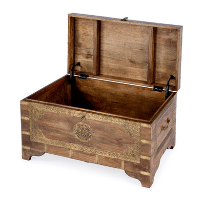 Butler Specialty Company - Artifacts - Nador 32 in. W Rectangular Hand-Painted Wood & Brass Inlay Storage Trunk Coffee Table, Light Brown - 3365118