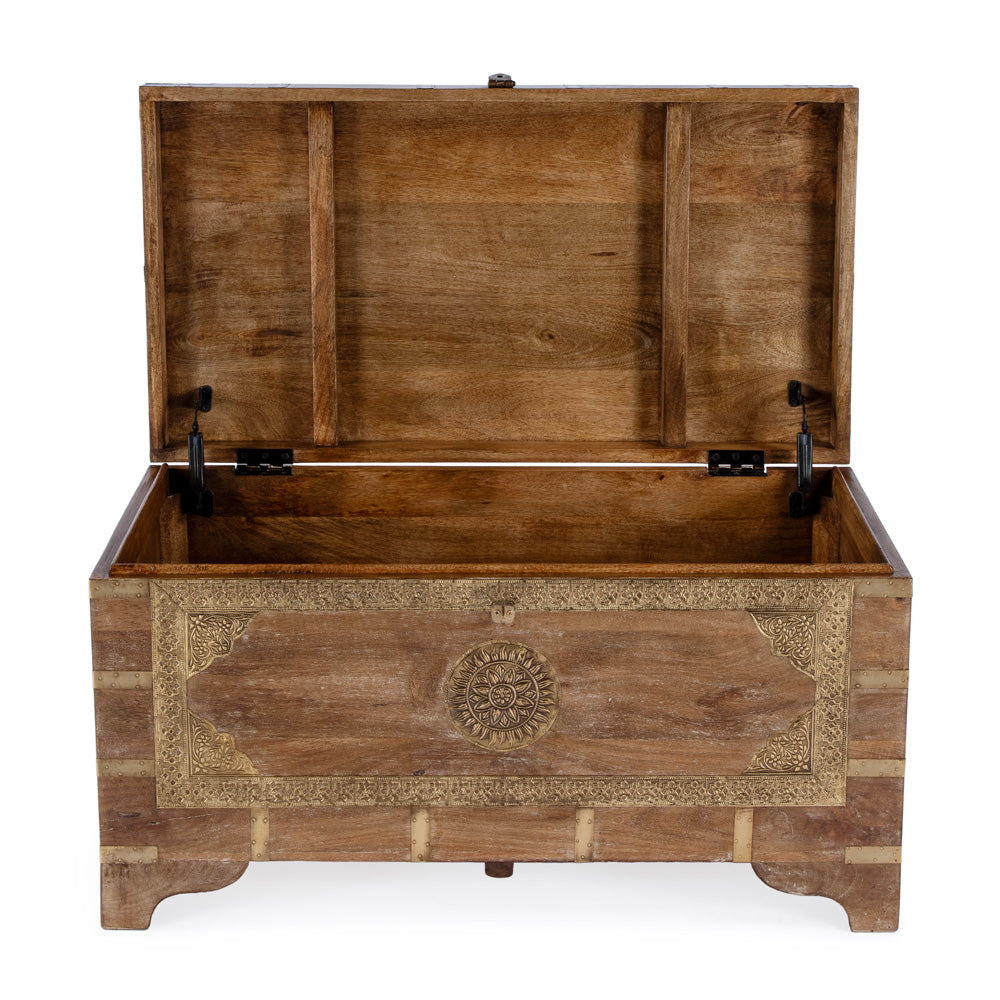 Butler Specialty Company - Artifacts - Nador 32 in. W Rectangular Hand-Painted Wood & Brass Inlay Storage Trunk Coffee Table, Light Brown - 3365118