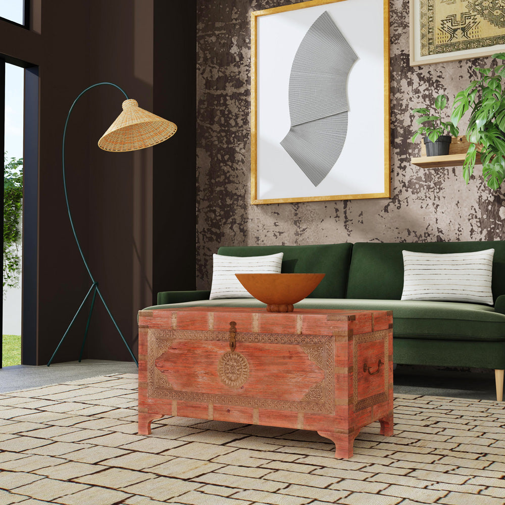 Butler Specialty Company - Artifacts - Nador 32 in. W Rectangular Hand-Painted Wood & Brass Inlay Storage Trunk Coffee Table, Pink - 3365216