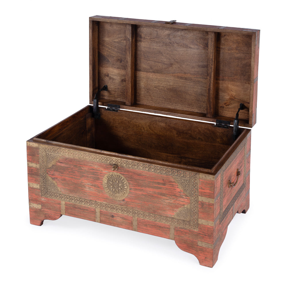 Butler Specialty Company - Artifacts - Nador 32 in. W Rectangular Hand-Painted Wood & Brass Inlay Storage Trunk Coffee Table, Pink - 3365216