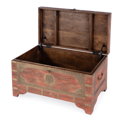 Butler Specialty Company - Artifacts - Nador 32 in. W Rectangular Hand-Painted Wood & Brass Inlay Storage Trunk Coffee Table, Pink - 3365216