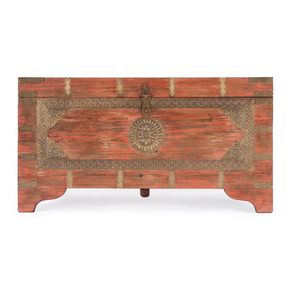 Butler Specialty Company - Artifacts - Nador 32 in. W Rectangular Hand-Painted Wood & Brass Inlay Storage Trunk Coffee Table, Pink - 3365216